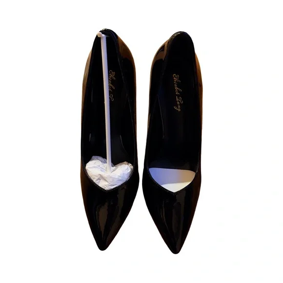 Elisabet Tang Black Patent Leather Stiletto High Heel Pointed Toe Pumps - Picture 9 of 10